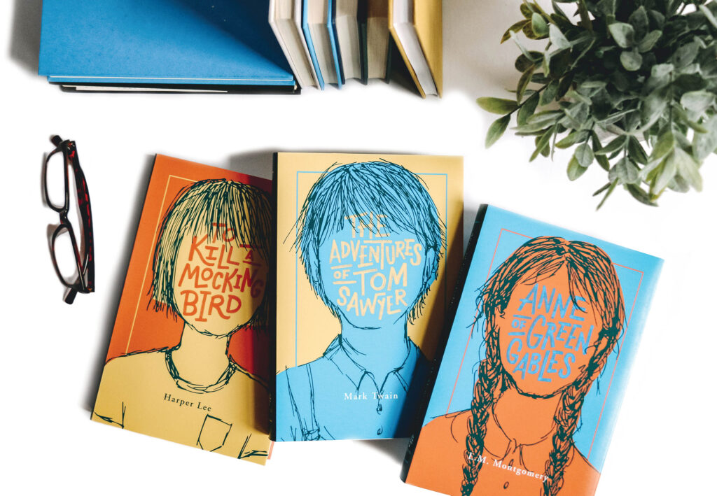 Image of three books, Anne of Green Gables, The Adventures of Tom Sawyer, and To Kill a Mockingbird, colorful illustrated covers