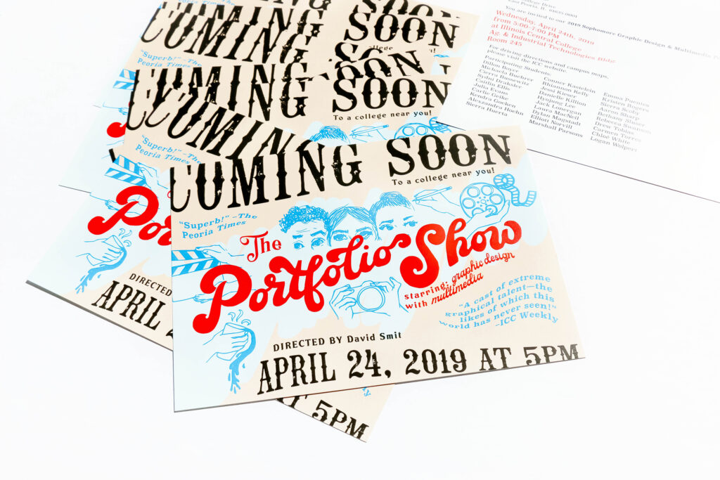 Image of a stack of postcards that say "Coming Soon, The Portfolio Show"